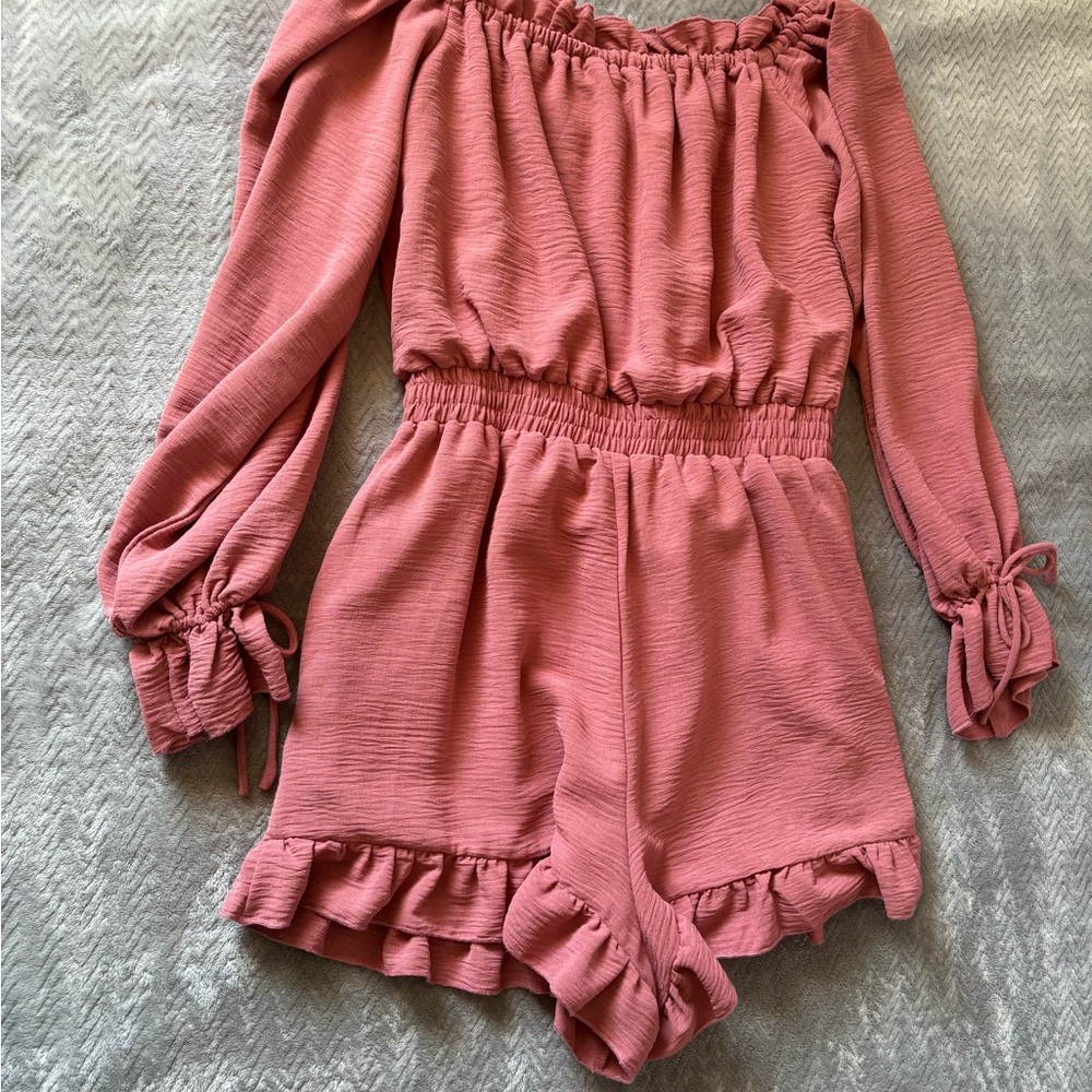 Free the Roses Dusty Rose Off-Shoulder Ruffle Romper - Picture 4 of 4